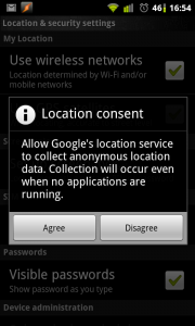 Location consent - Allow Google's location service to collect anonymous location data. Collection will occur even when no applications are running.